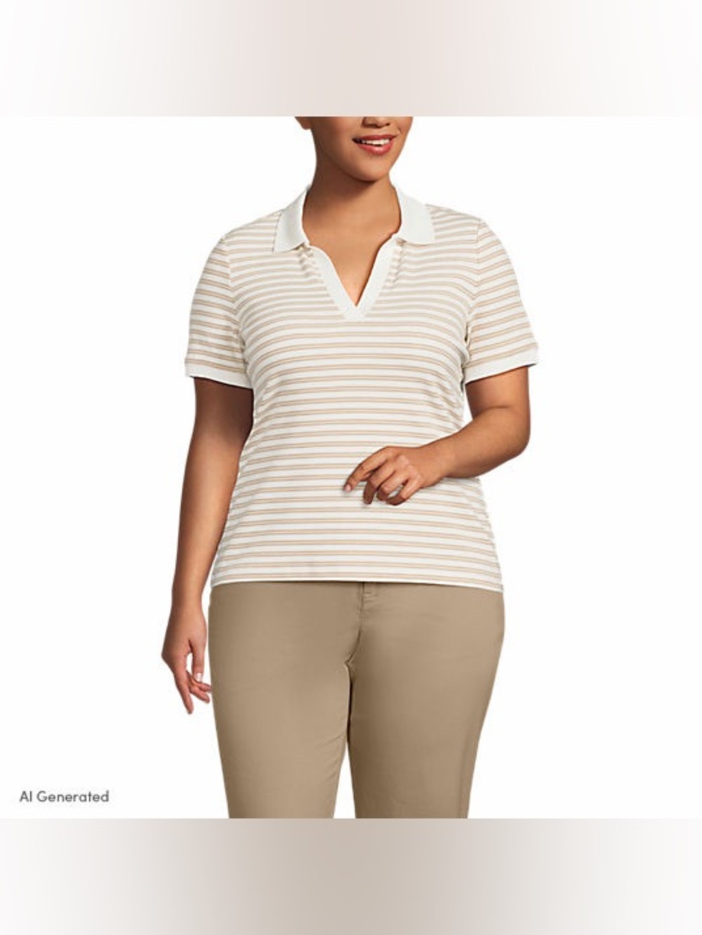 Lands End  Cream & Tan Striped Polo Top